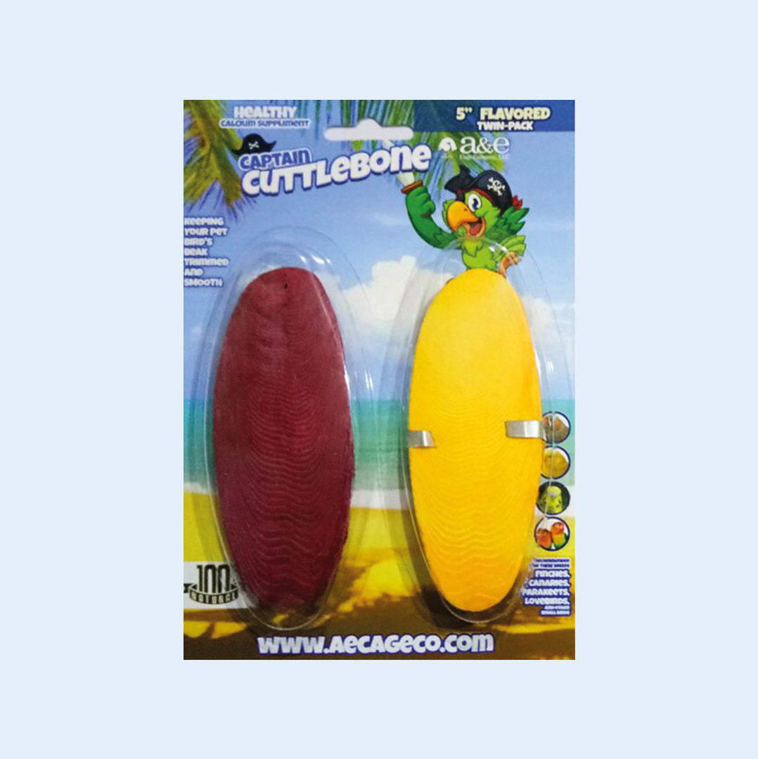 Captain Cuttlebone 5-inch flavored twin-pack featuring red and yellow cuttlebones for birds, designed to provide healthy calcium supplements while keeping beaks trimmed and smooth. Suitable for parrots, finches, canaries, and other pet birds.