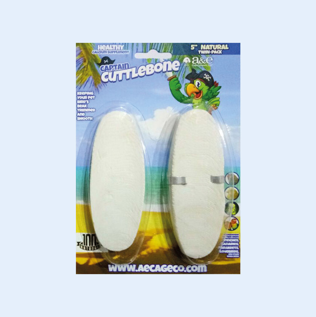 Captain Cuttlebone 5-inch natural twin-pack featuring two white cuttlebones for birds, providing a healthy calcium supplement and aiding in keeping beaks trimmed and smooth. Ideal for parrots, finches, canaries, and other pet birds.