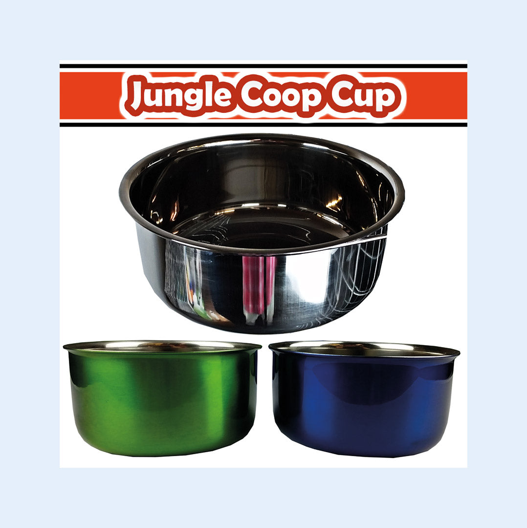 Jungle Coop Cup bird feeder from Squawk Shop, a durable stainless steel cup with secure mounting hardware for holding food or water in bird cages.