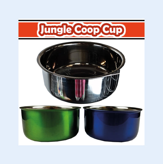 Jungle Coop Cup bird feeder from Squawk Shop, a durable stainless steel cup with secure mounting hardware for holding food or water in bird cages.
