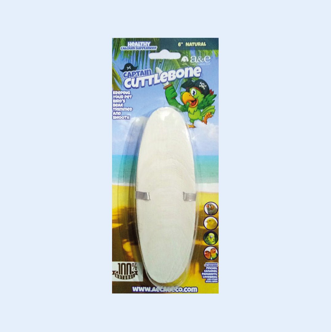 Captain Cuttlebone 6-inch natural  featuring one white cuttlebones for birds, providing a healthy calcium supplement and aiding in keeping beaks trimmed and smooth. Ideal for parrots, finches, canaries, and other pet birds.