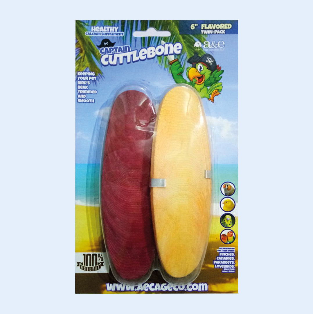 Captain Cuttlebone 6-inch flavored twin-pack featuring red and yellow cuttlebones for birds, designed to provide healthy calcium supplements while keeping beaks trimmed and smooth. Suitable for parrots, finches, canaries, and other pet birds.