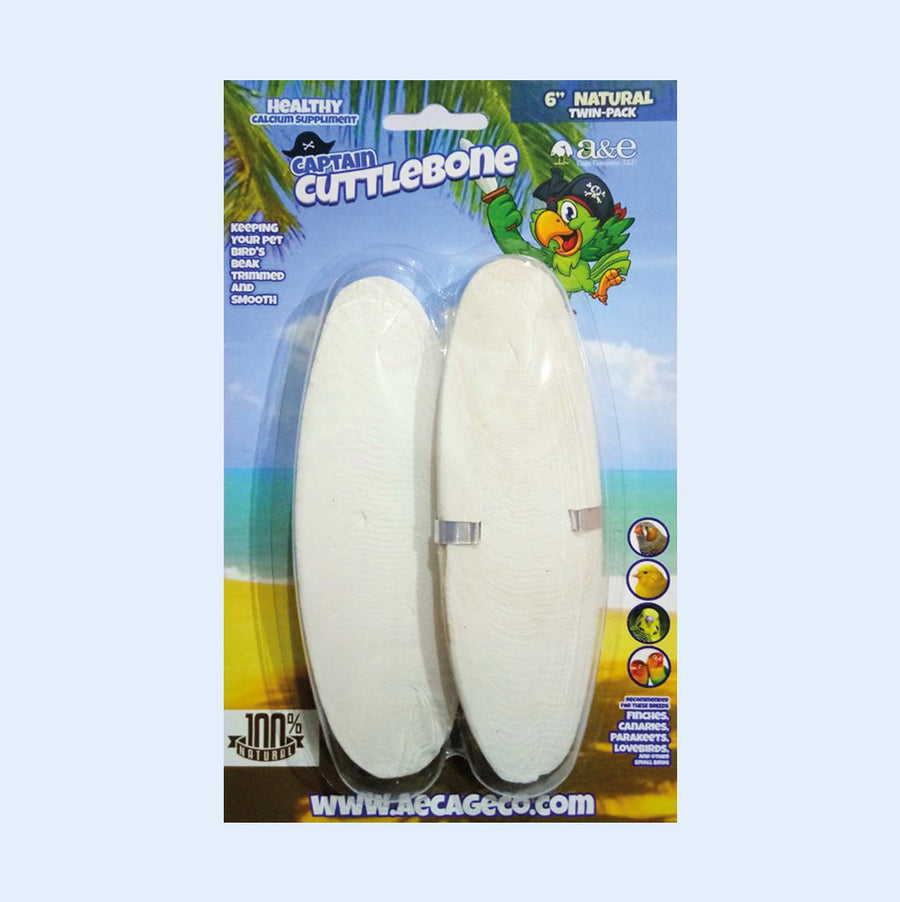 Captain Cuttlebone 5-inch natural twin-pack featuring two white cuttlebones for birds, providing a healthy calcium supplement and aiding in keeping beaks trimmed and smooth. Ideal for parrots, finches, canaries, and other pet birds.