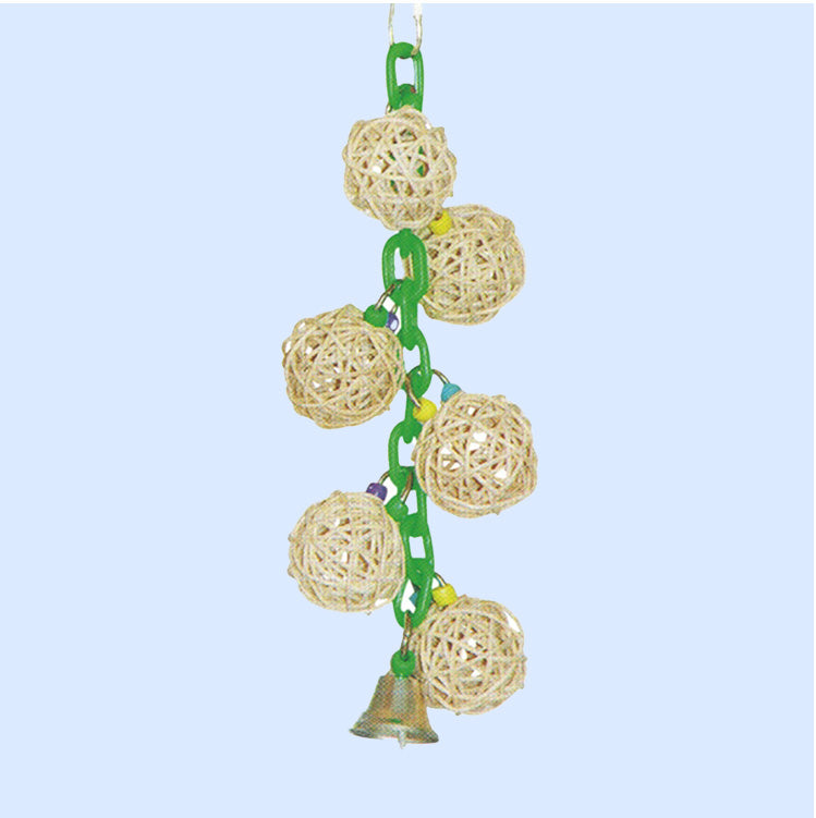 Hanging bird toy with natural wicker balls connected by a green chain, featuring colorful beads and a bell at the bottom. Ideal for parrots to chew, play, and stay engaged.