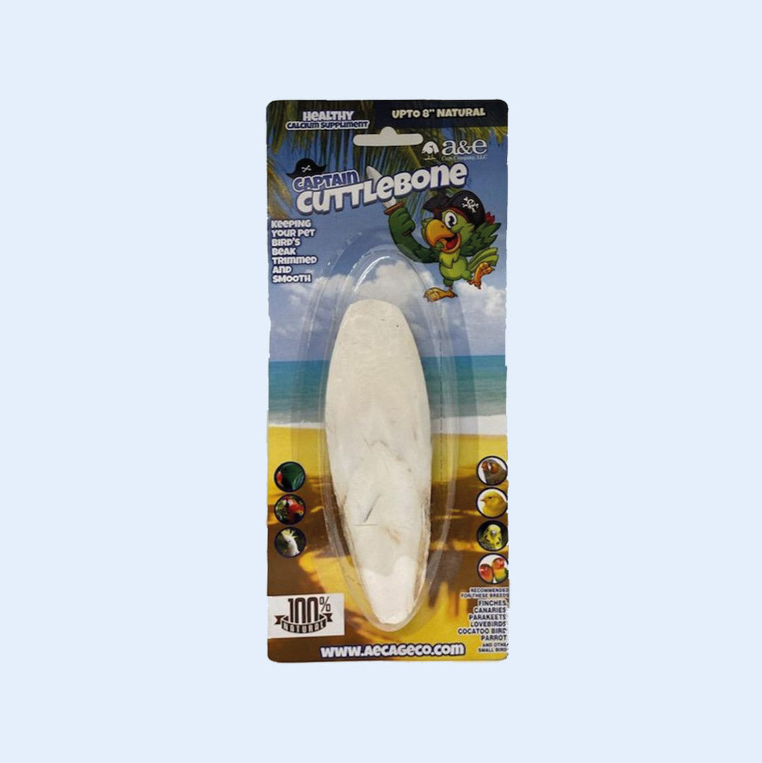 Captain Cuttlebone 8-inch natural white cuttlebone for birds, providing a healthy calcium supplement and aiding in keeping beaks trimmed and smooth. Ideal for parrots, finches, canaries, and other pet birds.