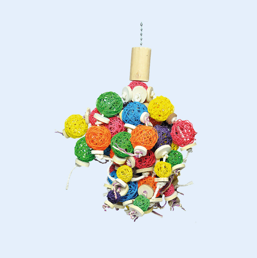 Large parrot toy from Squawk Shop featuring colorful wicker balls, wooden discs, and cotton rope for chewing, shredding, and enrichment. Perfect for African Greys, Macaws, and Conures to stay entertained and mentally stimulated.