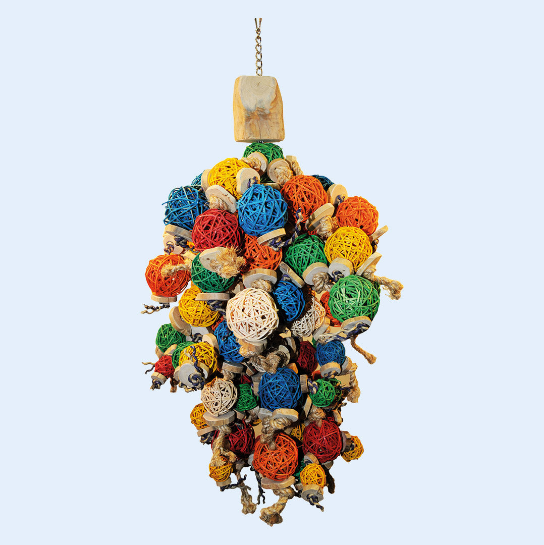 Extra-large parrot toy from Squawk Shop featuring vibrant wicker balls, wooden discs, and natural rope designed for chewing, shredding, and enrichment. Ideal for Macaws, African Greys, and large parrots to promote mental stimulation and physical activity.