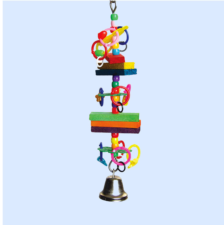 Colorful parrot toy from Squawk Shop featuring wooden blocks, plastic rings, beads, and a shiny metal bell. Designed for small to medium-sized birds to promote chewing, play, and auditory stimulation.