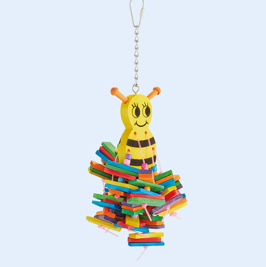 Busy Bee parrot toy from Squawk Shop featuring a cute yellow bee design, colorful wooden blocks, and beads for chewing and shredding. Perfect for small to medium-sized birds to promote engagement and enrichment.