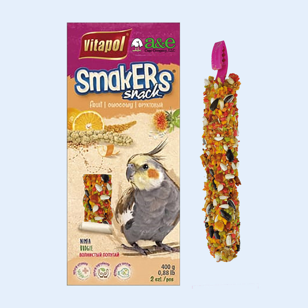 Cockatiel Smakers Treat Sticks Twin Pack - Featuring a box of healthy treat sticks for cockatiels, available in Fruit, Nut, and Orange flavors, promoting foraging and nutrition.