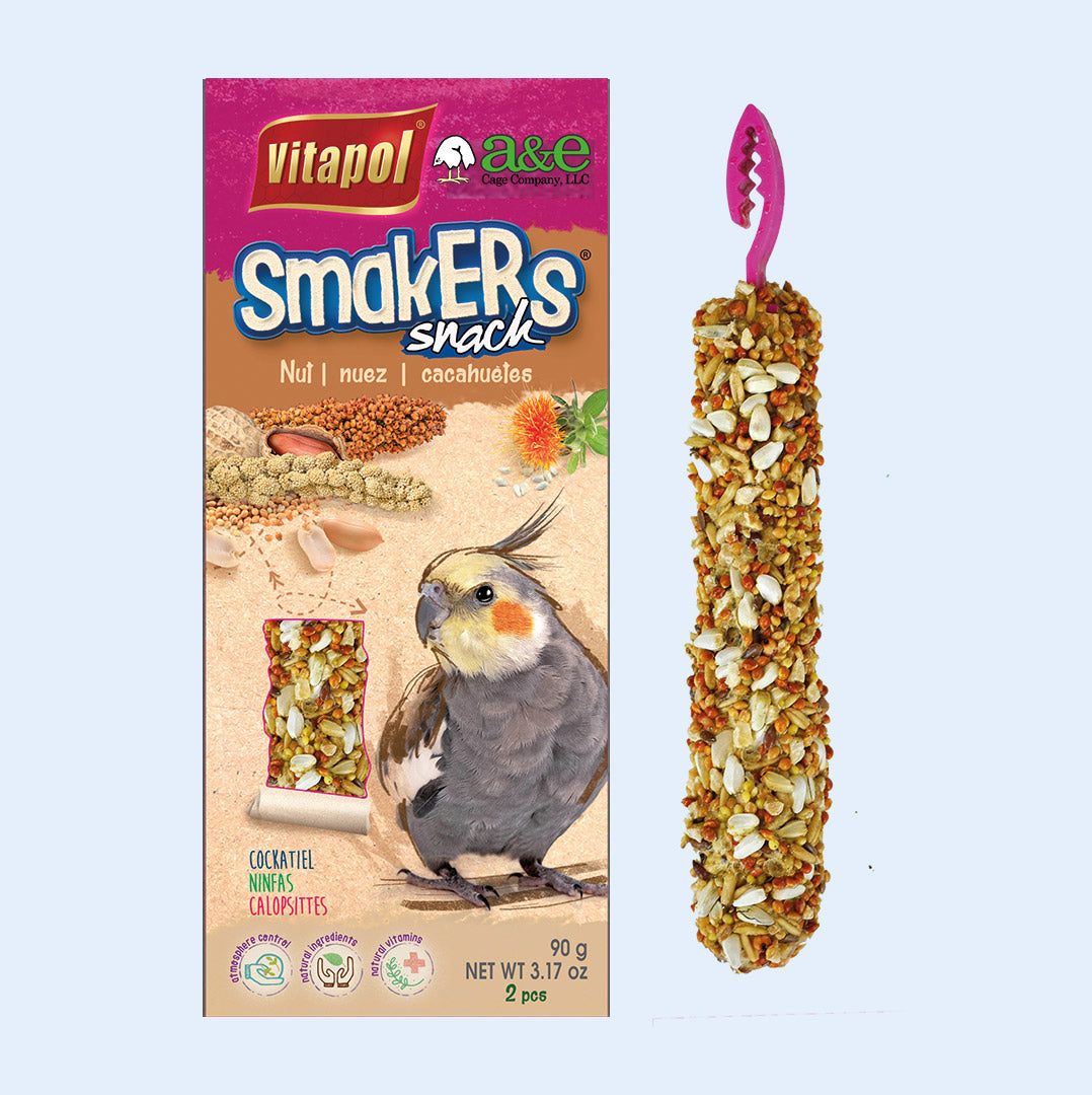 Cockatiel Smakers Treat Sticks Twin Pack - Featuring a box of healthy treat sticks for cockatiels, available in Fruit, Nut, and Orange flavors, promoting foraging and nutrition.