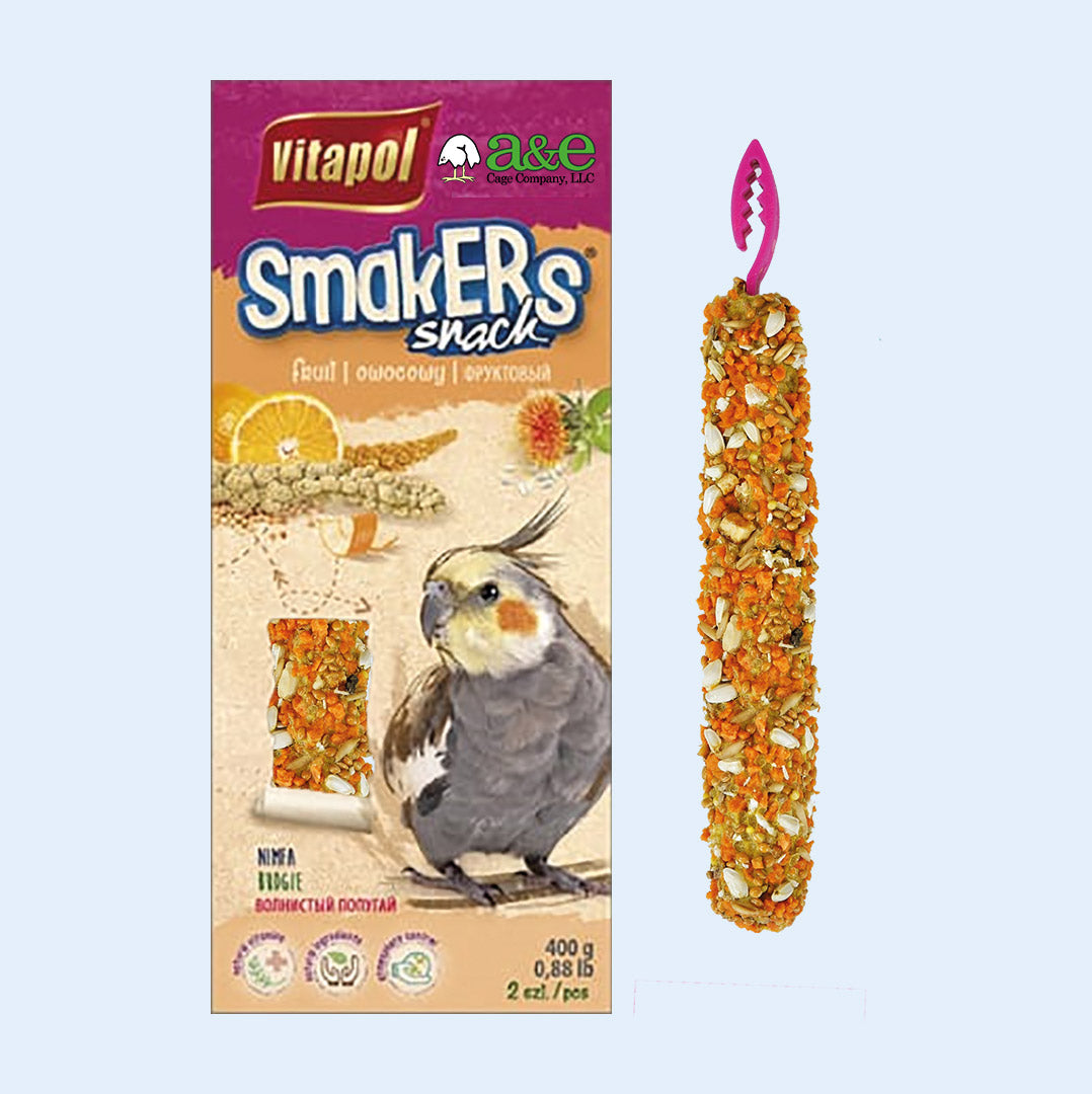 Cockatiel Smakers Treat Sticks Twin Pack - Featuring a box of healthy treat sticks for cockatiels, available in Fruit, Nut, and Orange flavors, promoting foraging and nutrition.