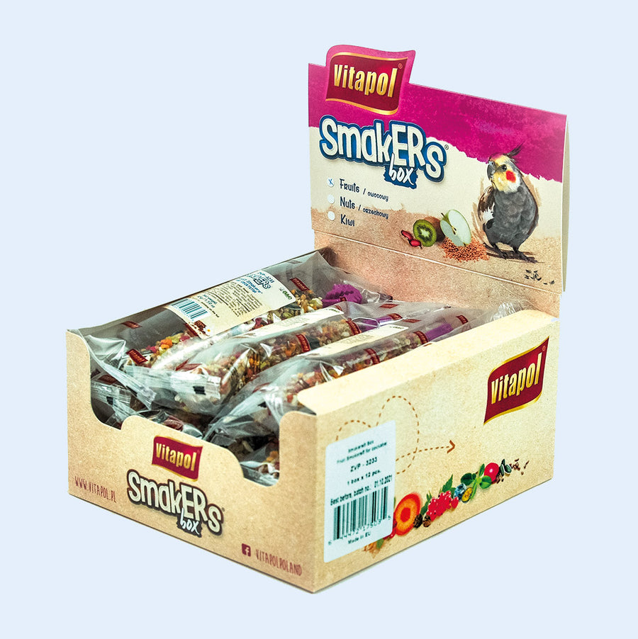 Vitapol Smakers Box for cockatiels featuring a 12-count display of treat sticks made with fruits, nuts, and seeds. Perfect for providing a healthy and delicious snack to keep birds engaged and happy.