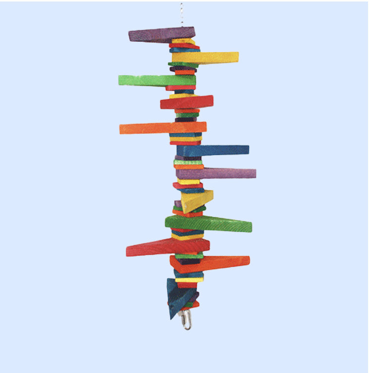 A colorful hanging bird toy made of stacked wooden slats in various shapes and vibrant colors, designed to encourage chewing and play for parrots and other pet birds. Available at Squawk Shop.