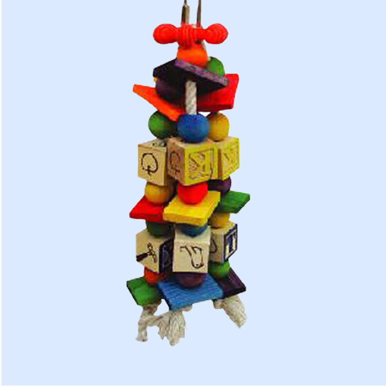 Colorful ABC Blocks Bird Toy with engraved wooden blocks, beads, and slats for chewing, climbing, and foraging. Ideal for medium and large birds.
