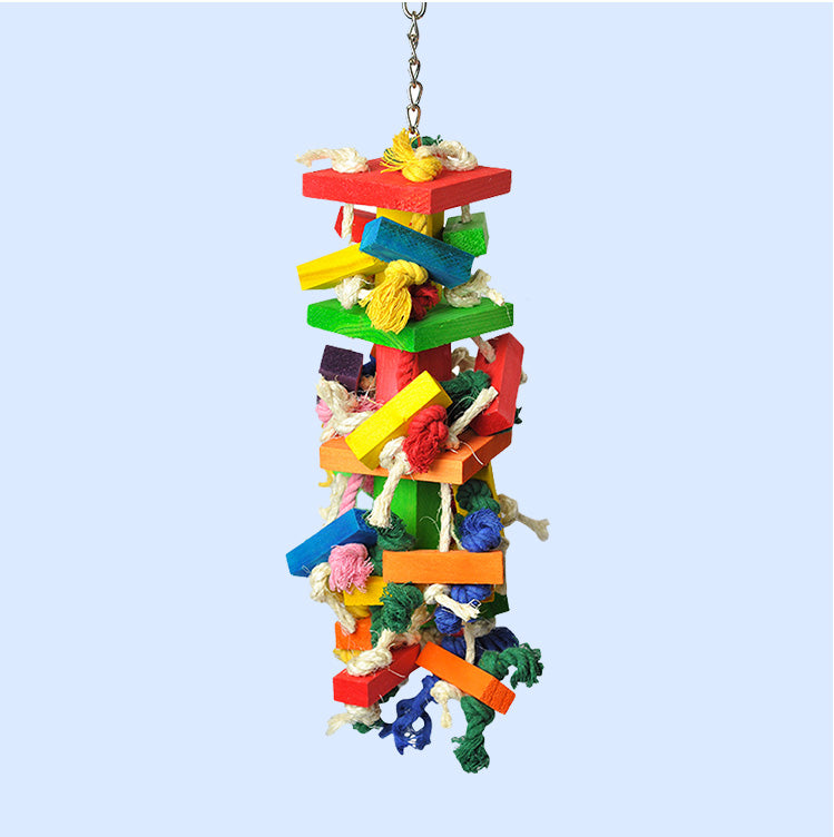 Colorful Medium Cluster Blocks Bird Toy with wooden blocks, cotton rope knots, and a secure hanging chain. Great for chewing, shredding, and climbing.