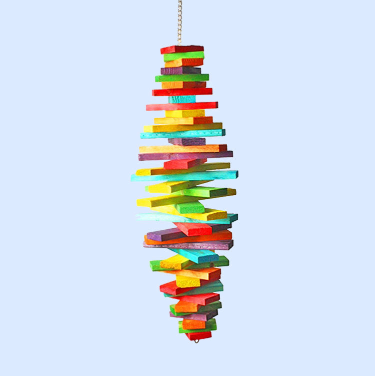 Colorful Spiral Blocks Bird Toy with a stacked wooden design for chewing, climbing, and foraging. Medium size for parrots and other birds.