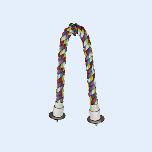 A colorful cotton cable perch for birds, featuring a durable twisted rope design in red, blue, green, and white. The perch is flexible, allowing it to be shaped as desired, and includes secure metal fittings for cage attachment. Available at Squawk Shop.