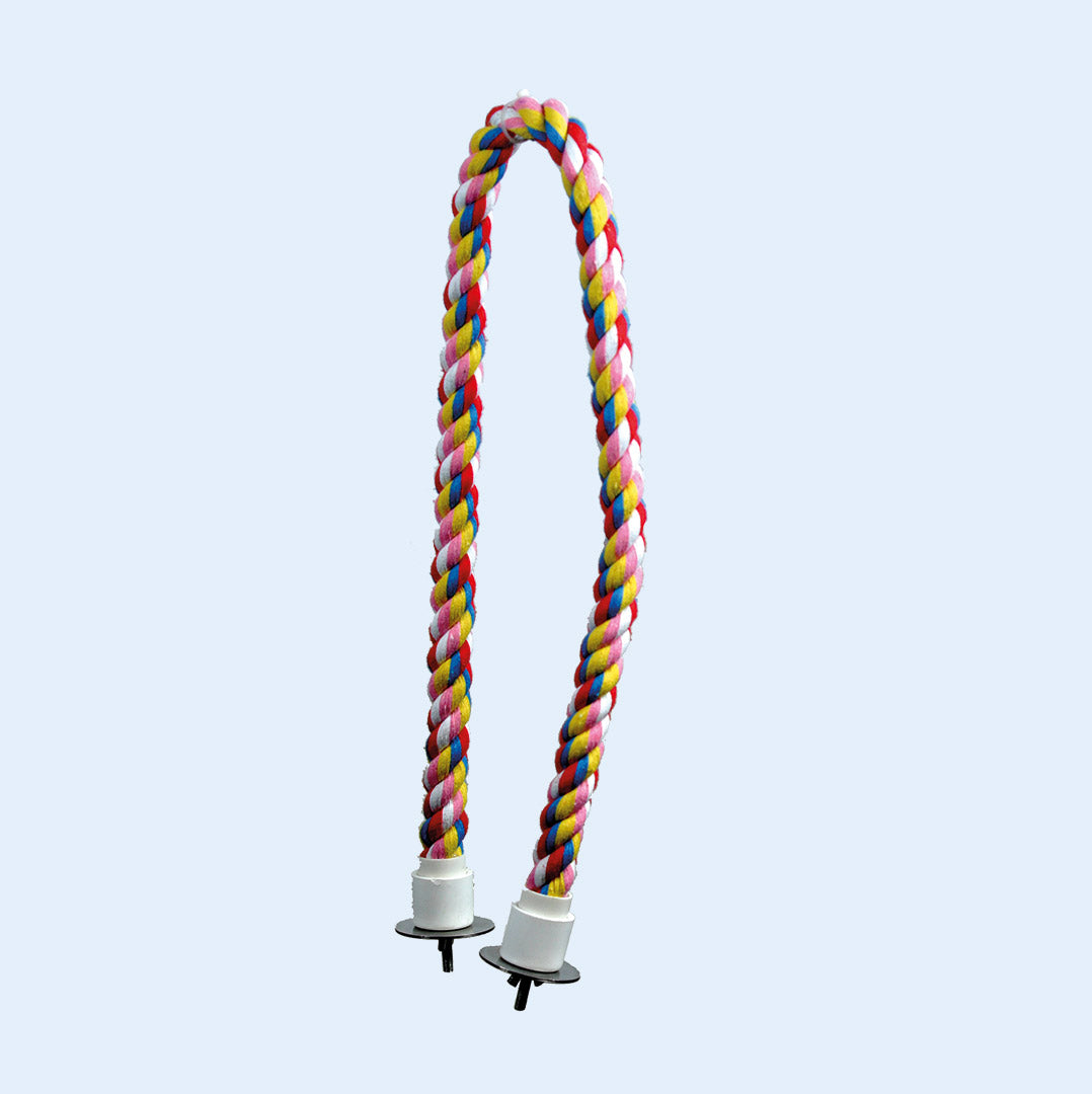 A colorful cotton cable perch for birds, featuring a durable twisted rope design in red, blue, green, and white. The perch is flexible, allowing it to be shaped as desired, and includes secure metal fittings for cage attachment. Available at Squawk Shop.
