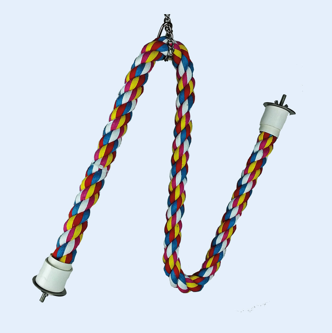 A colorful cotton cable perch for birds, featuring a durable twisted rope design in red, blue, green, and white. The perch is flexible, allowing it to be shaped as desired, and includes secure metal fittings for cage attachment. Available at Squawk Shop.
