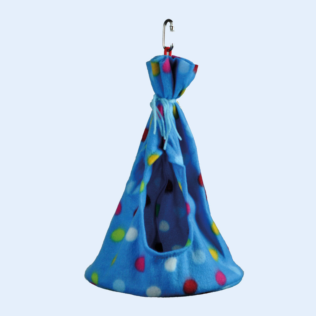 Large Fleece TeePee from Squawk Shop, 5.5" x 9", featuring soft polka dot fleece material for a cozy and secure bird hideout.