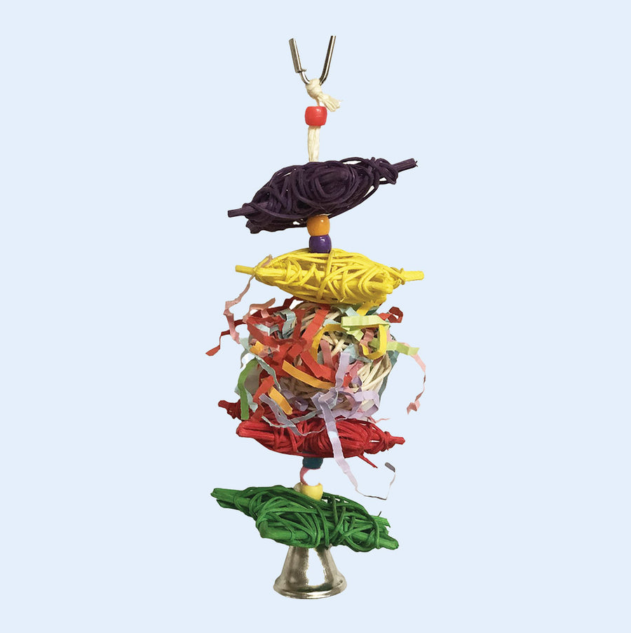 A colorful hanging bird toy featuring star-shaped vine balls, vibrant crinkle paper, and a bell at the bottom. Designed to provide foraging and chewing fun for parrots and other pet birds. Available at Squawk Shop.