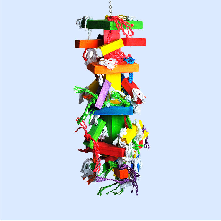 A vibrant hanging bird toy made of colorful wooden blocks and knotted ropes, designed for chewing, shredding, and climbing. Perfect for keeping parrots entertained and engaged. Available at Squawk Shop.