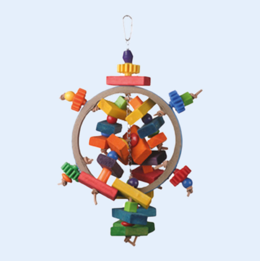 A colorful bird toy designed like a dreamcatcher, featuring a wooden ring adorned with vibrant wooden blocks, beads, and rope. Perfect for parrots to chew, shred, and play. Available at Squawk Shop.