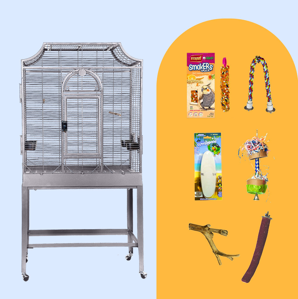 Elegant Flight Cage Bundle from Squawk Shop featuring a black arched-top bird cage with playtop, toys, rope perch, cuttlebone, treats, and accessories. Color: Platinum