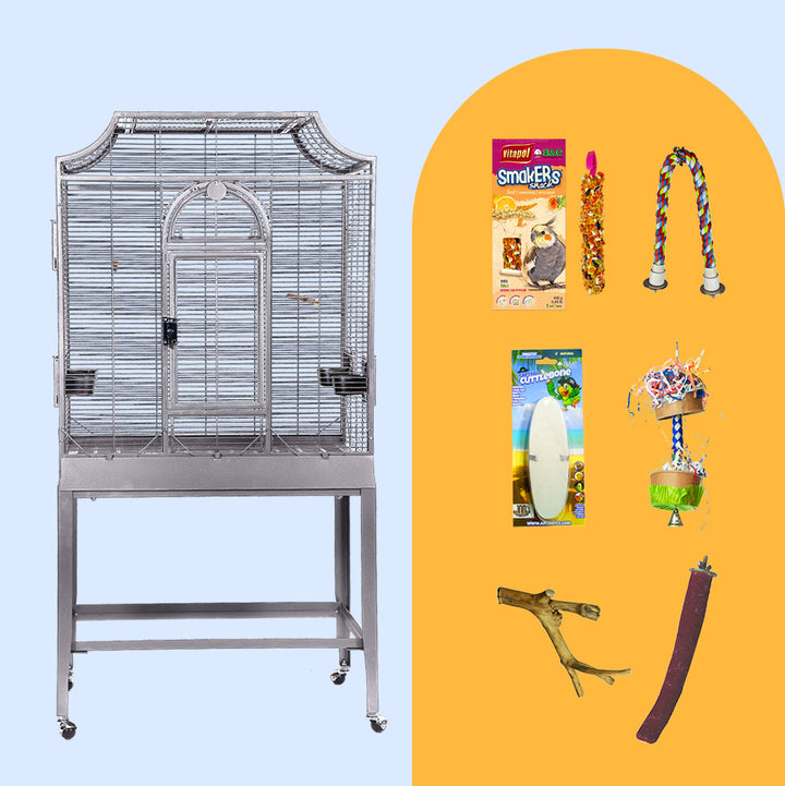 Elegant Flight Cage Bundle from Squawk Shop featuring a black arched-top bird cage with playtop, toys, rope perch, cuttlebone, treats, and accessories. Color: Platinum
