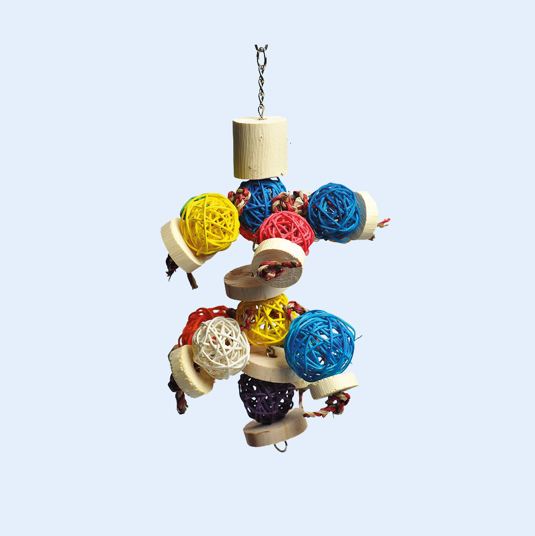 Extra Small Ball Thing bird toy from Squawk Shop, featuring colorful woven balls and wooden blocks designed for chewing, shredding, and interactive play for small birds.