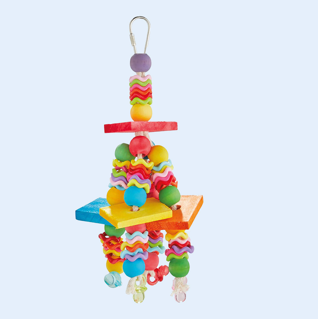 Fiesta Blocks bird toy from Squawk Shop, featuring vibrant wooden blocks, beads, and wavy chew pieces designed for playful chewing and shredding fun.