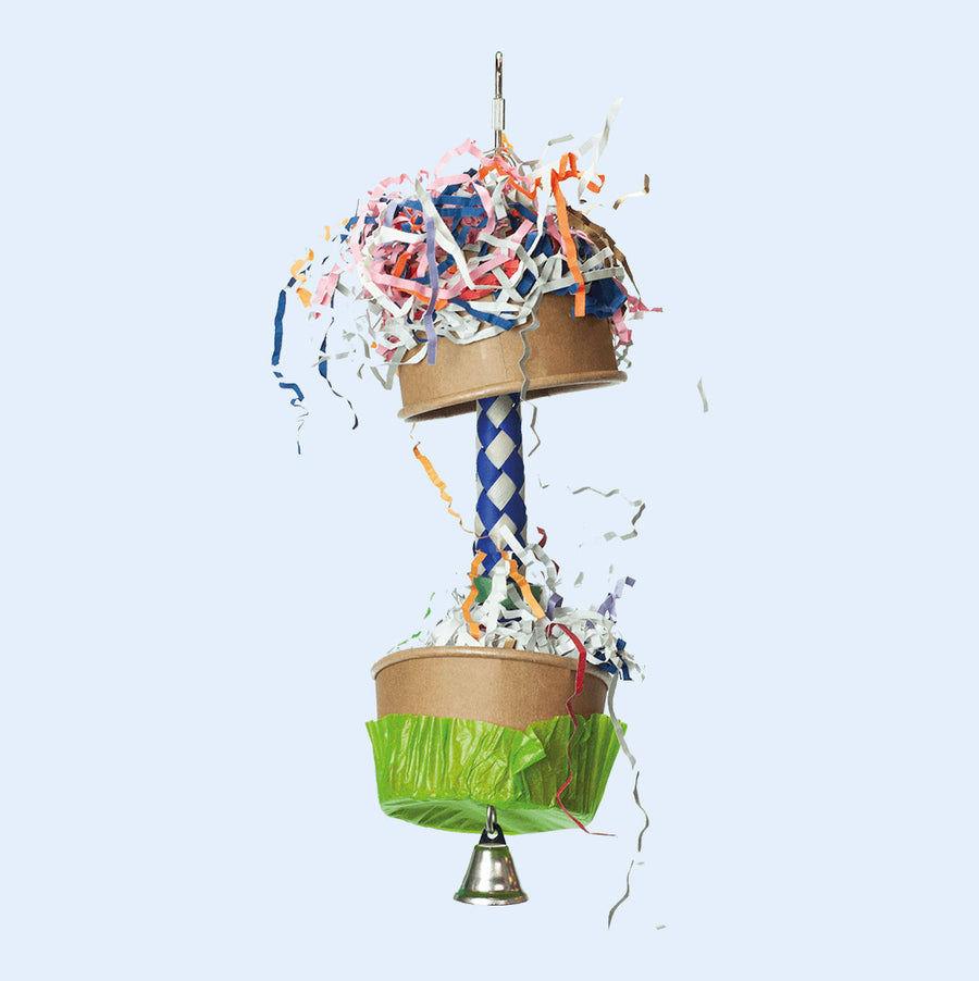 Foraging Cupcake bird toy from Squawk Shop, featuring colorful shredded paper, cupcake-inspired design, and a bell for interactive bird play and enrichment.