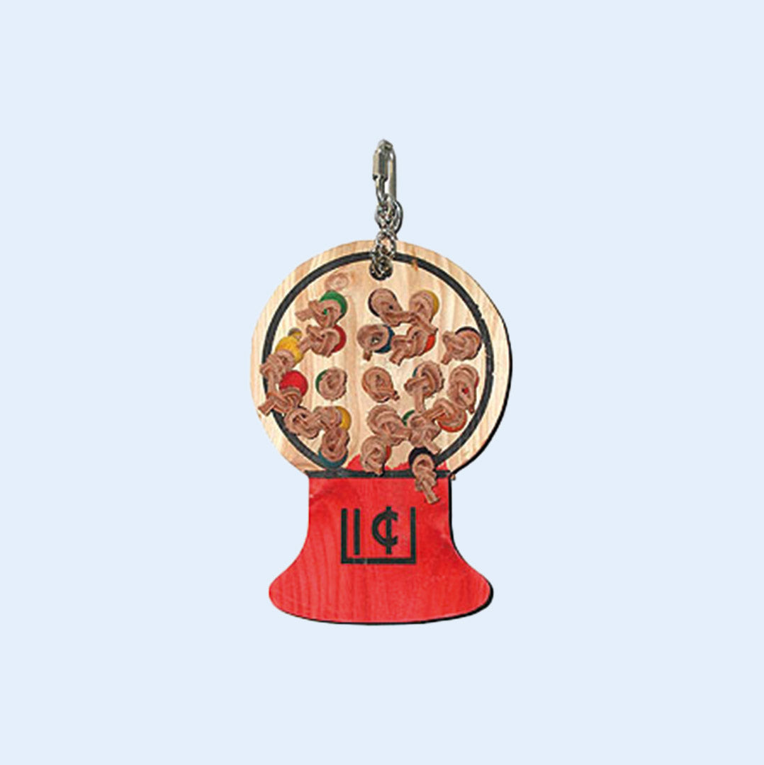 Gumball Machine bird toy from Squawk Shop, featuring a wooden gumball design with colorful cotton rope for chewing and shredding fun.