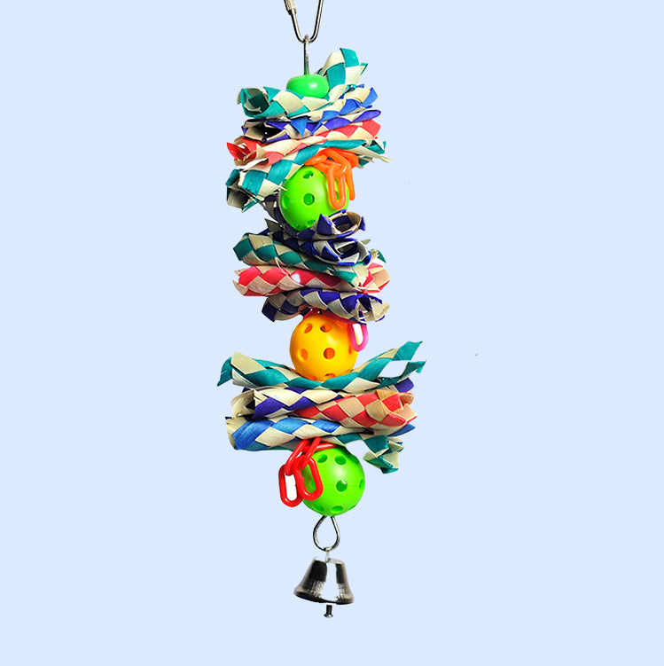 Hanging Finger Trap & Balls bird toy from Squawk Shop, featuring woven finger traps, colorful plastic balls, and a bell for interactive play and shredding fun.