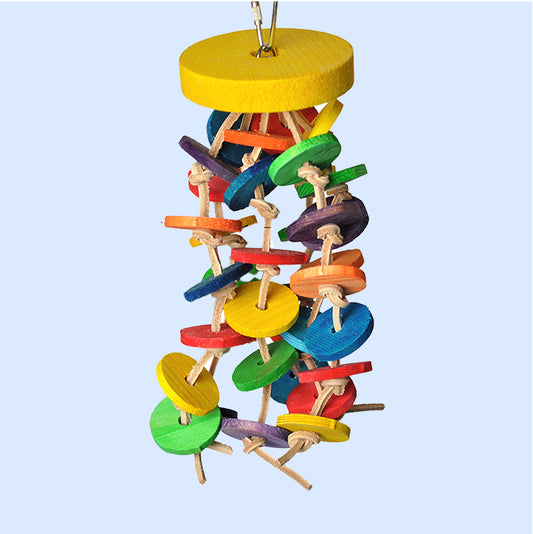 Hanging Wood Wafers on Rope bird toy from Squawk Shop, featuring colorful wooden wafers and natural rope for chewing, shredding, and engaging playtime.