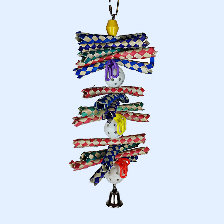 Happy Beaks Finger Stack bird toy from Squawk Shop, featuring colorful woven finger traps, plastic balls, and a bell for shredding, chewing, and engaging playtime.