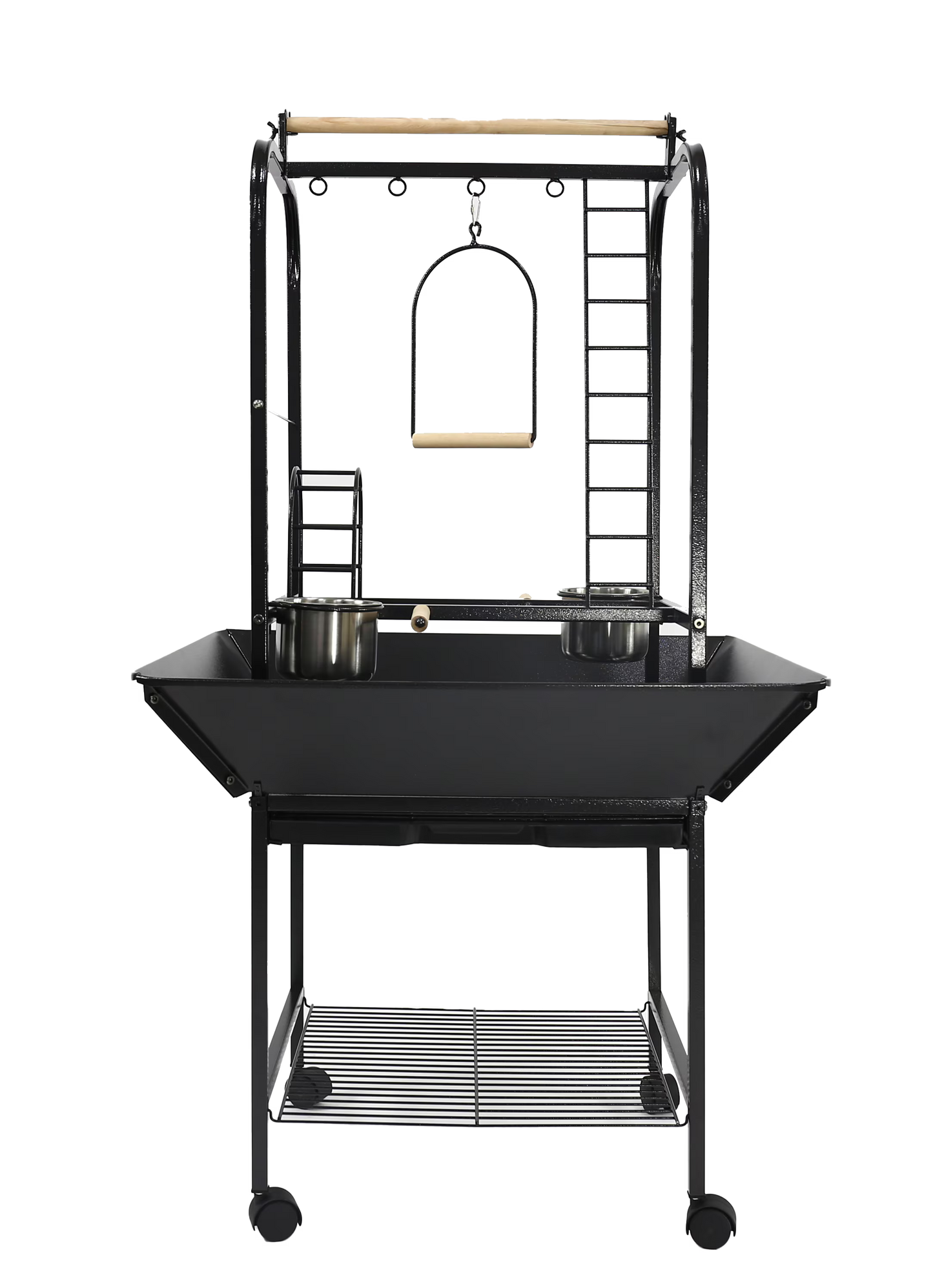 Black rolling parrot play stand with ladders, swing, stainless steel feeder cups, seed guards, and storage shelf