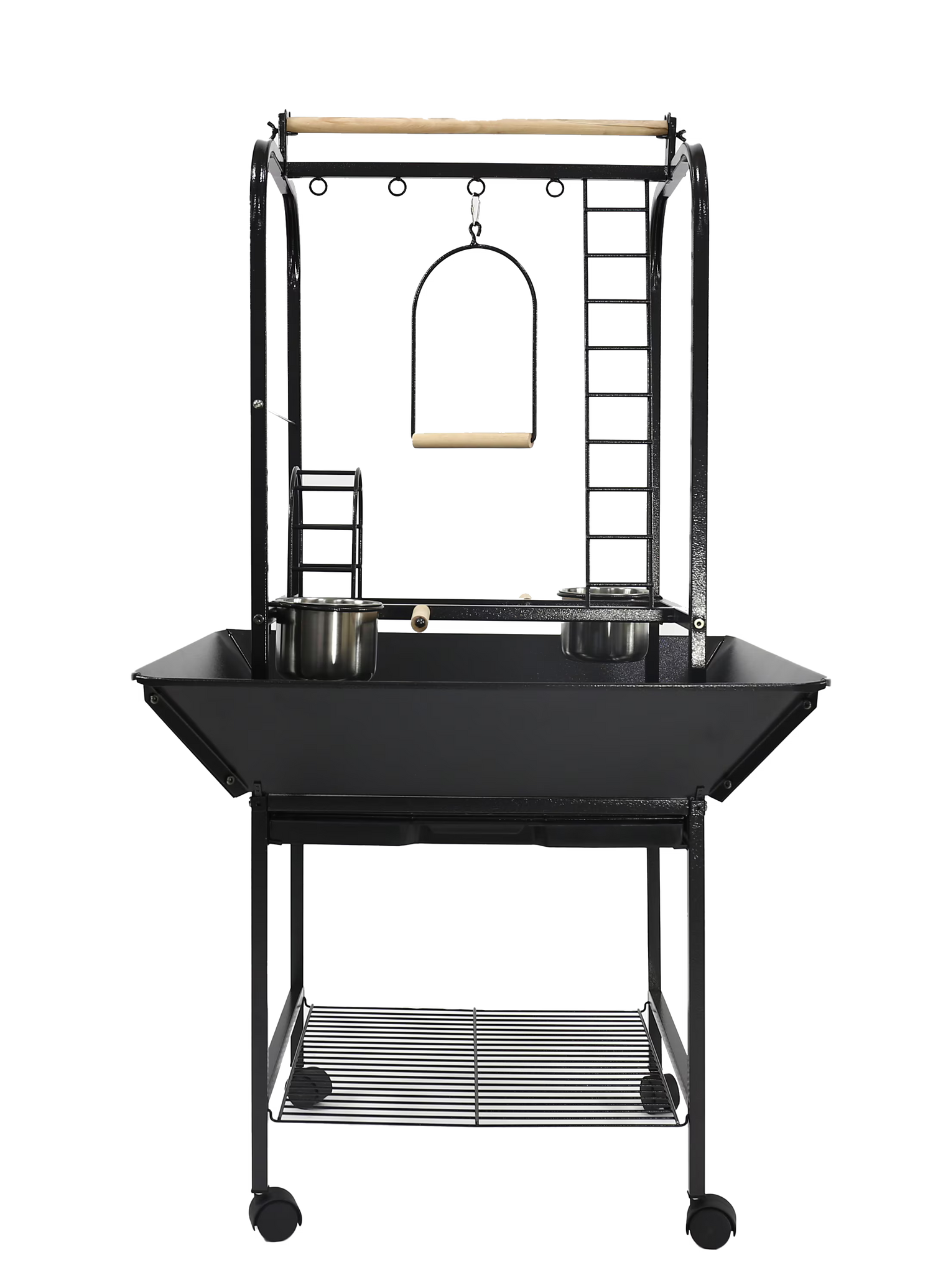Black rolling parrot play stand with ladders, swing, stainless steel feeder cups, seed guards, and storage shelf