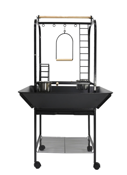 Black rolling parrot play stand with ladders, swing, stainless steel feeder cups, seed guards, and storage shelf