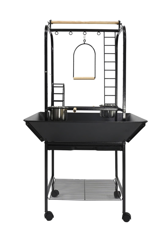 Black rolling parrot play stand with ladders, swing, stainless steel feeder cups, seed guards, and storage shelf