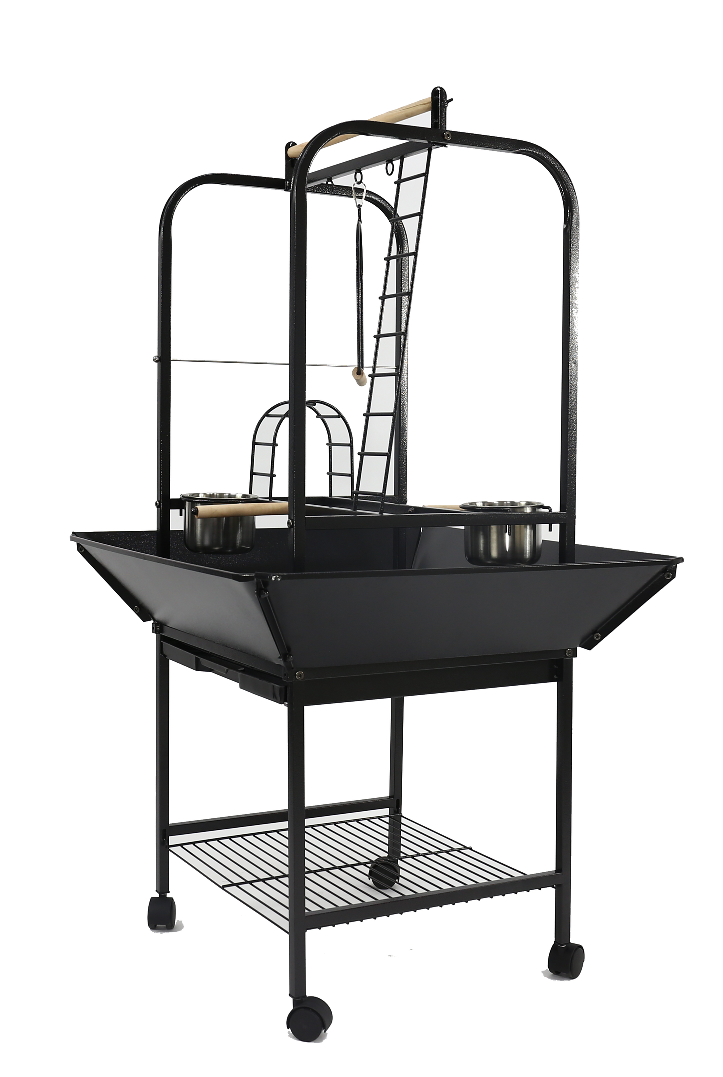 Black rolling parrot play stand with ladders, swing, stainless steel feeder cups, seed guards, and storage shelf