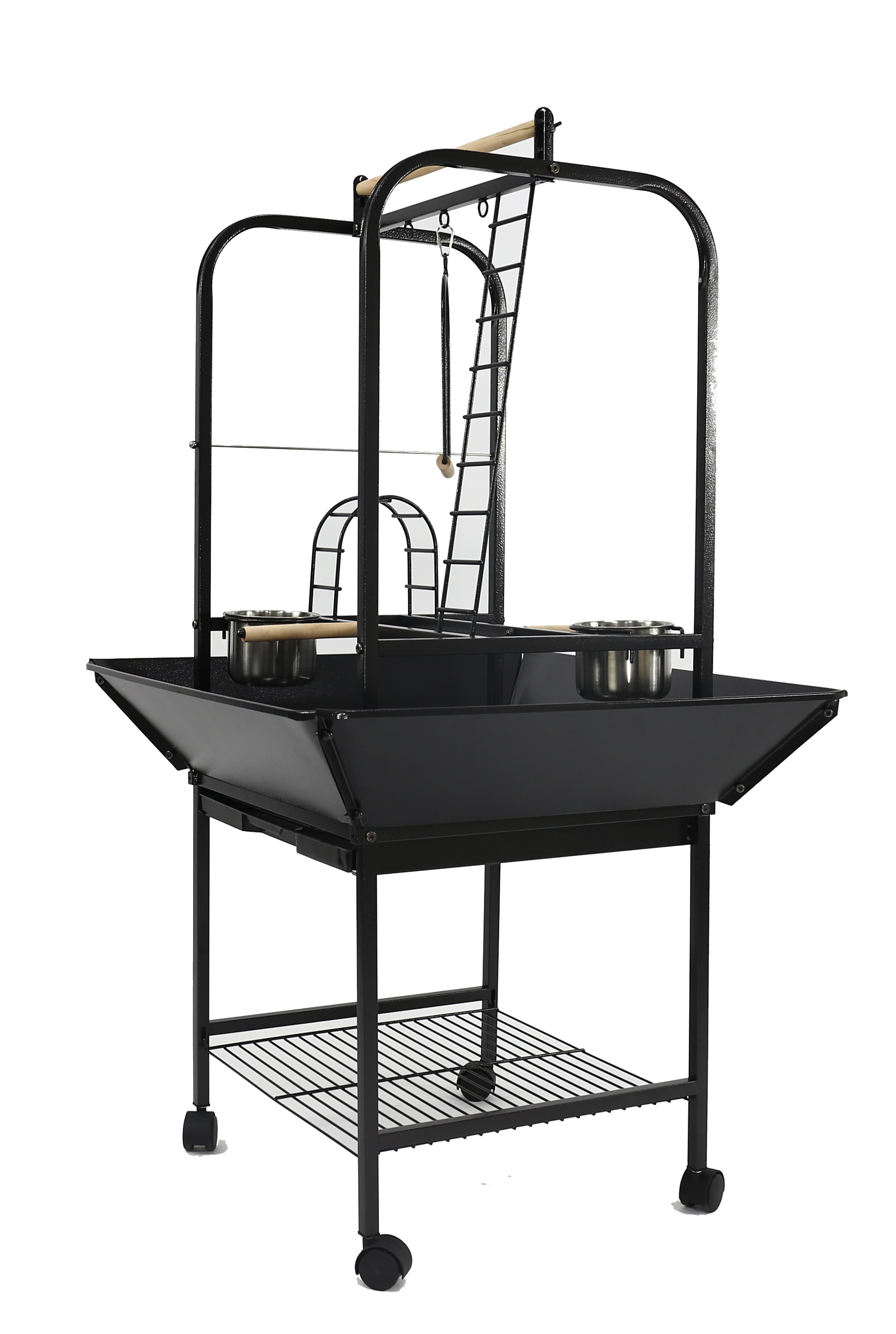 Black rolling parrot play stand with ladders, swing, stainless steel feeder cups, seed guards, and storage shelf