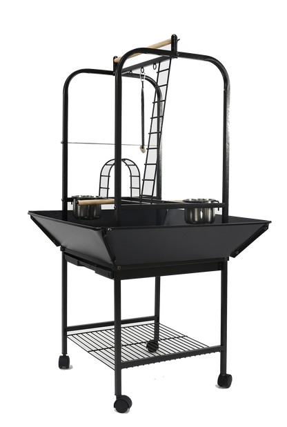 Black rolling parrot play stand with ladders, swing, stainless steel feeder cups, seed guards, and storage shelf