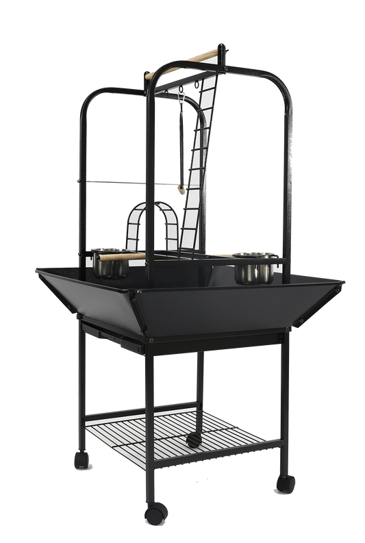 Black rolling parrot play stand with ladders, swing, stainless steel feeder cups, seed guards, and storage shelf