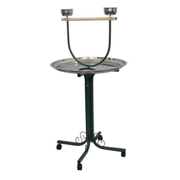 Black rolling parrot T-stand with wooden perch, two stainless steel feeding cups, and round stainless steel seed tray
