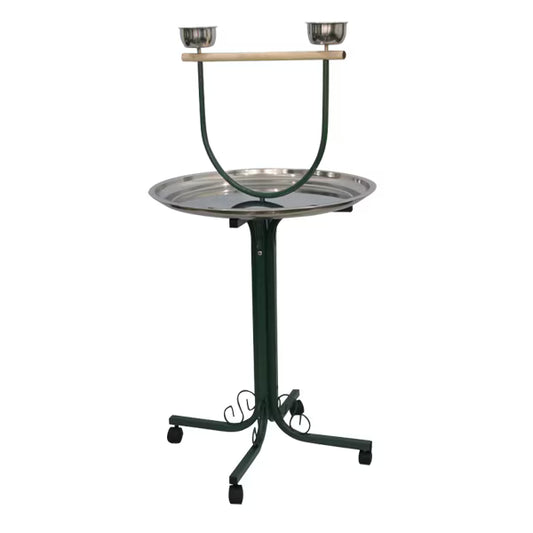 Black rolling parrot T-stand with wooden perch, two stainless steel feeding cups, and round stainless steel seed tray
