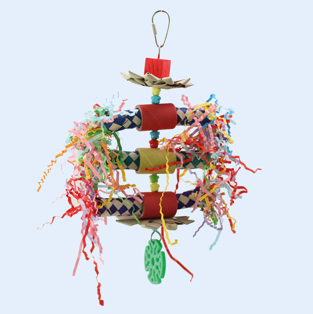 Jumping Jack bird toy from Squawk Shop, featuring colorful finger traps, shredded paper, and wooden beads for chewing, foraging, and interactive bird play.