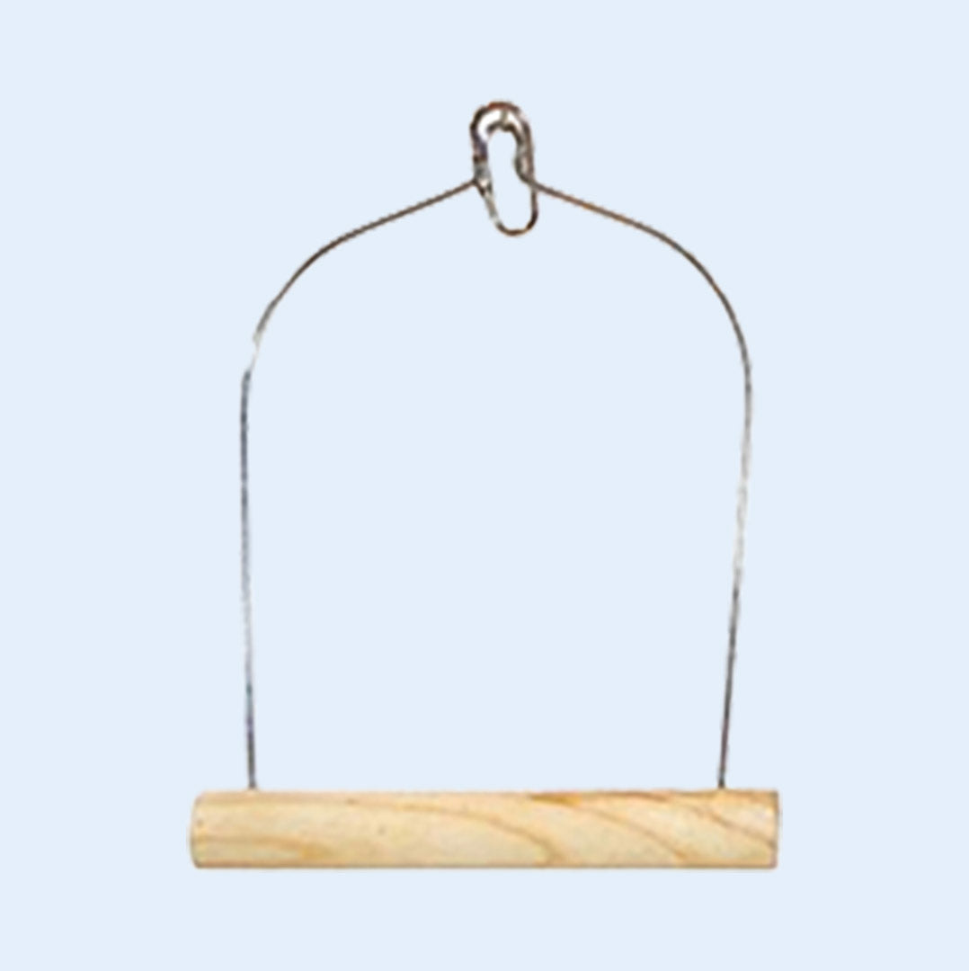 Small Economy Bird Swing from Squawk Shop, featuring a 3" x 4" bird-safe wooden perch and durable wire frame for medium to large birds.