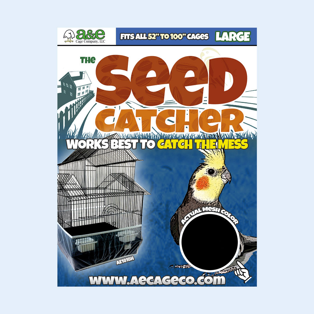 Large Seed Catcher from Squawk Shop for bird cages, fits 52" to 100", 13" high, in breathable black mesh for mess control and easy cleaning.